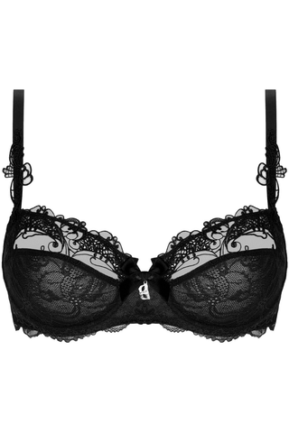 Lise Charmel Soir de Venise black lace half cup bra with guipure embroidery and Venetian mask charm