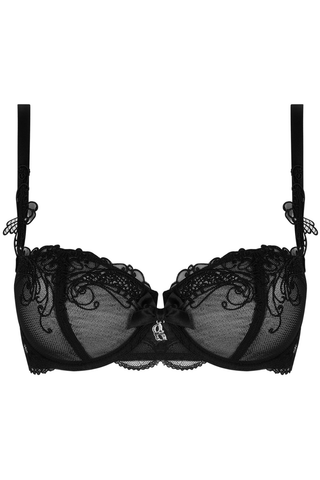 Soir de Venise black vertical seam bra featuring satin bow and Venetian mask charm